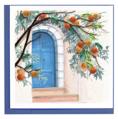 Quilled Orange Tree and Blue Door Greeting Card