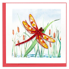 Quilled Red Dragonfly & Cattails Greeting Card