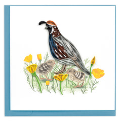 Quilled Quail with Chicks & Poppies Greeting Card