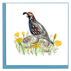 Quilled Quail with Chicks & Poppies Greeting Card