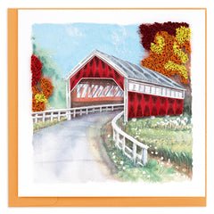 Quilled Red Covered Bridge Greeting Card
