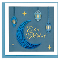 Quilled Blue Crescent Moon & Oil Lamps Greeting Card